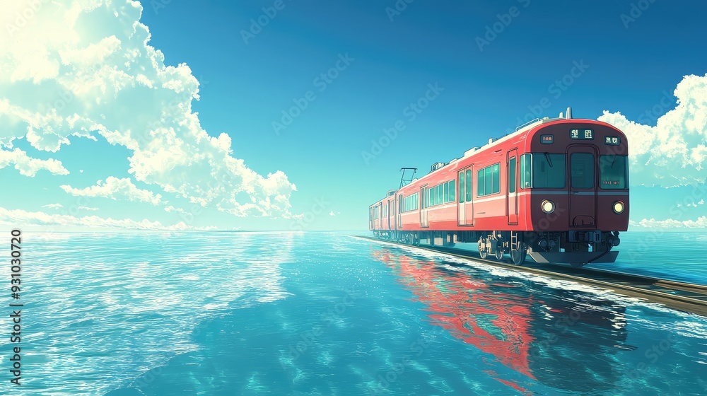 An anime scene of a retro train speeding across a calm ocean, beneath a bright, clear sky, with no land in sight. An anime scene of a retro train speeding across a calm ocean, beneath a bright, clear sky, with no land in sight.