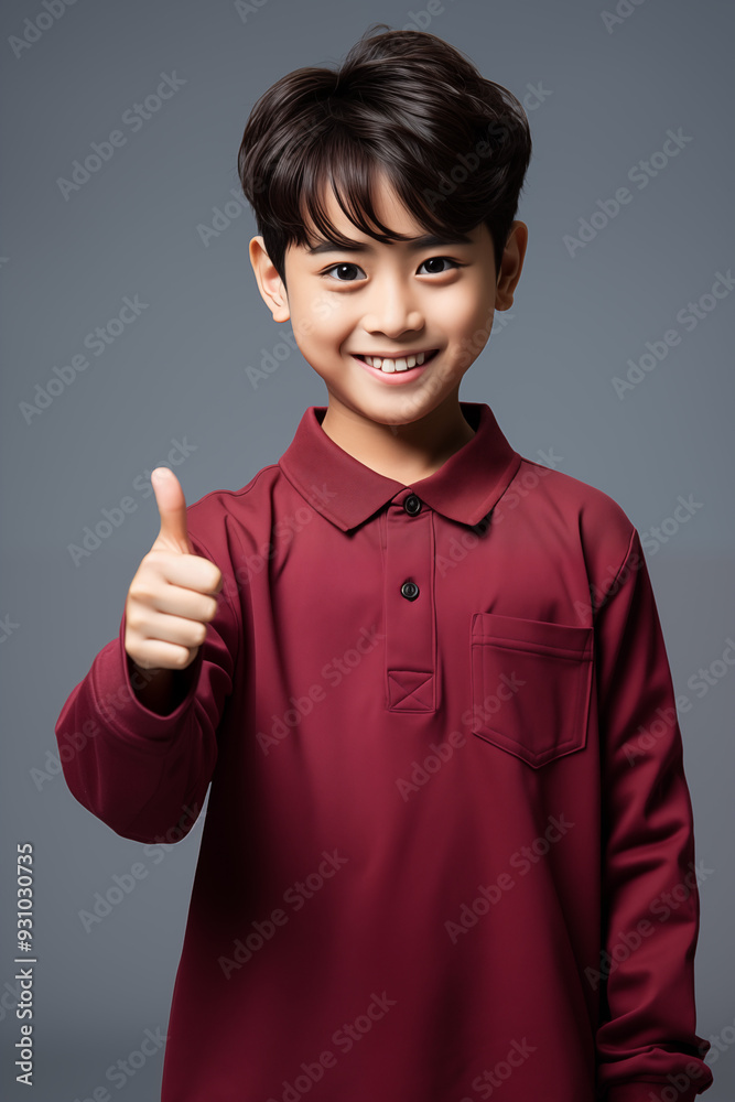 young Asian kid wearing a red outfit is doing a thumb up, isolated on a isolated background young Asian kid wearing a red outfit is doing a thumb up, isolated on a isolated background