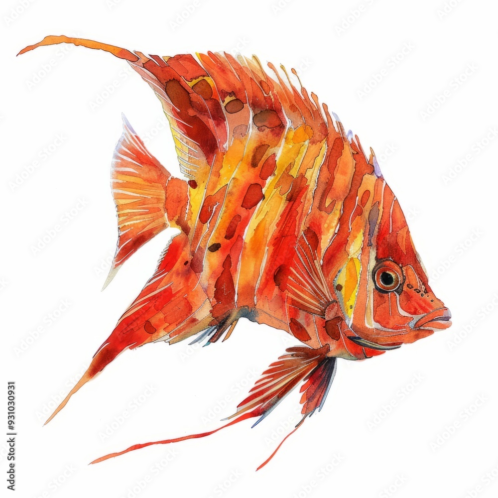 Watercolor painting of a vibrant flame angelfish, with its fiery red ...
