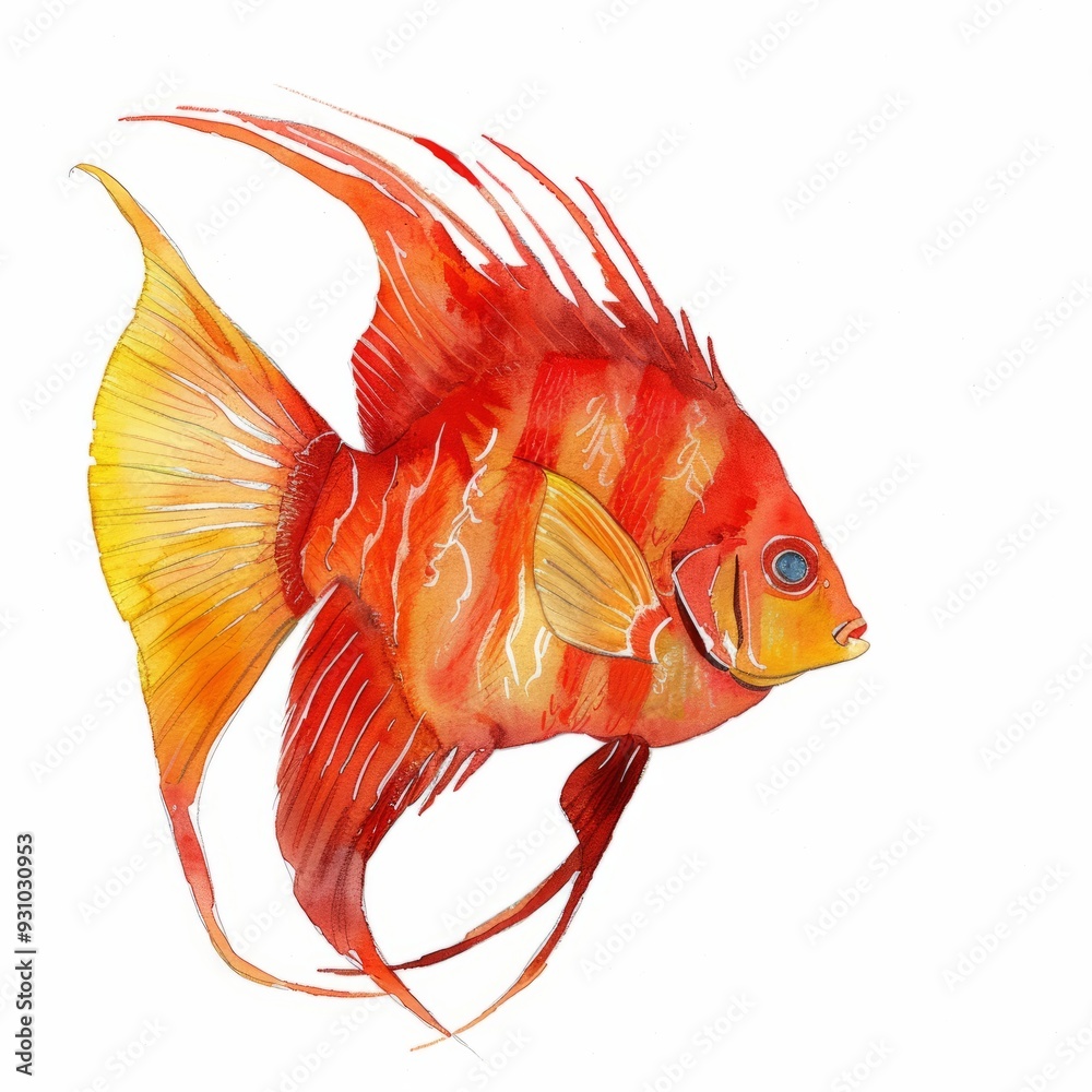 Watercolor painting of a vibrant flame angelfish, with its fiery red ...