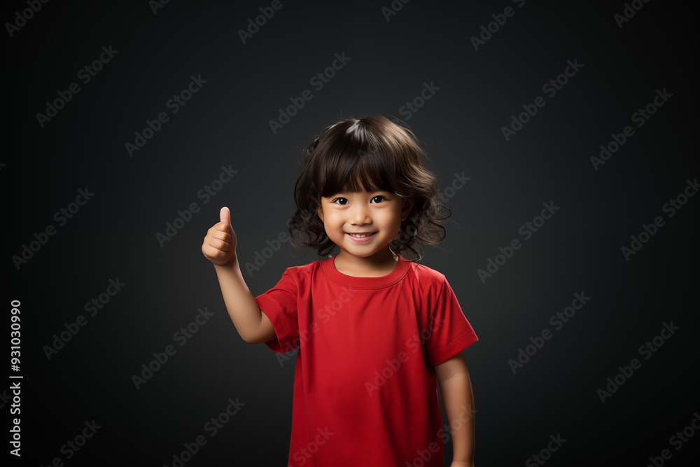 young Asian kid wearing a red outfit is doing a thumb up, isolated on a isolated background young Asian kid wearing a red outfit is doing a thumb up, isolated on a isolated background