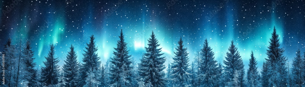 Obraz premium Celestial Dance Over Frozen Forest: The Northern Lights illuminate a serene, snow-dusted forest, casting an ethereal glow on the towering pines in this breathtaking winter nightscape. 