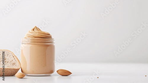 Organic nut butter, jar with spread on bread, 3D illustration