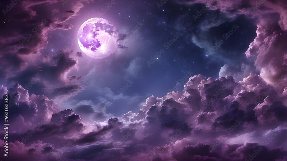 A beautiful purple background with a full moon, clouds, and stars in a surreal sky A beautiful purple background with a full moon, clouds, and stars in a surreal sky