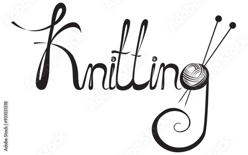 Knitting. Yarn ball with needles isolated on White background. Flat outline logo mark of skein string. Symbol of woolen cotton knit thread use for tailoring or sewing of cloth. Vector illustration