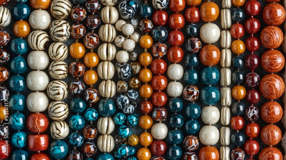Close-up collection colorful beads beads are arranged grid-like