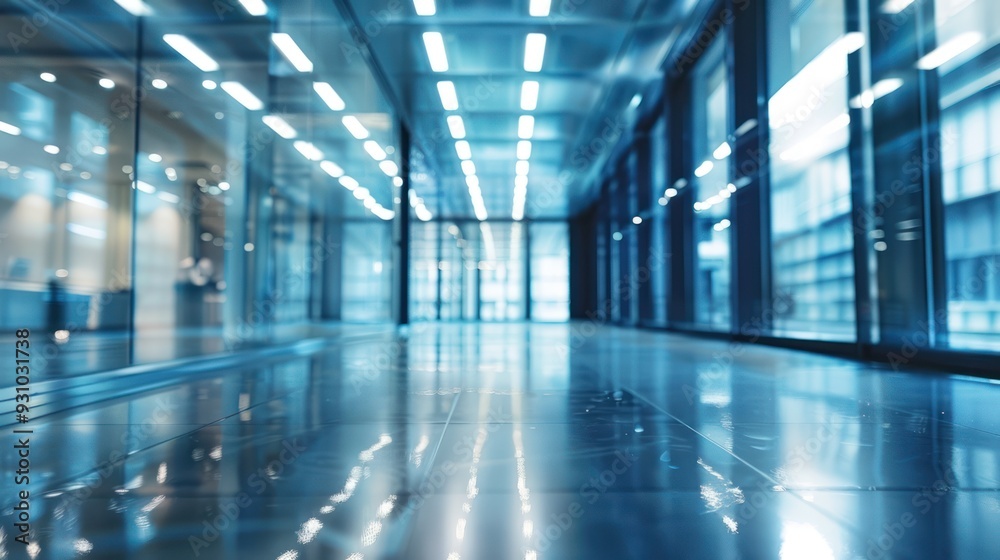 Modern Office Corridor with Glass Walls and Bright Lighting Modern Office Corridor with Glass Walls and Bright Lighting