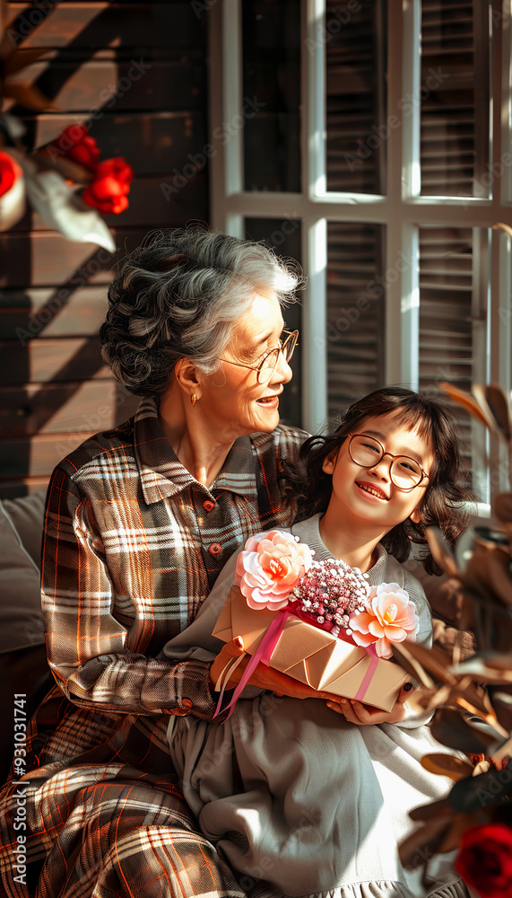 Obraz premium Grandmother and Granddaughter Sharing a Moment of Joy with a Gift