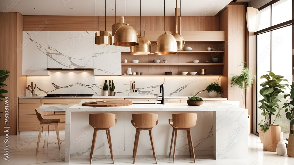 Fototapeta premium An interior design concept for a modern kitchen including a marble counter, wooden accents, and pendant lighting set against a light backdrop