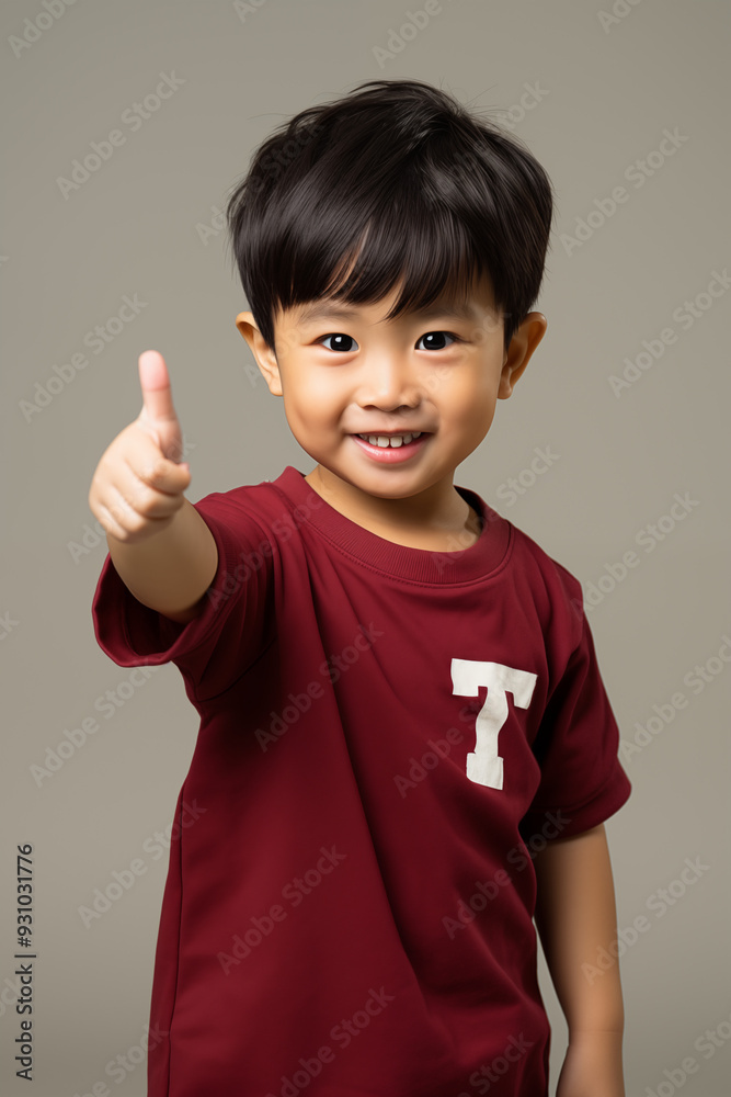 young Asian kid wearing a red outfit is doing a thumb up, isolated on a isolated background young Asian kid wearing a red outfit is doing a thumb up, isolated on a isolated background