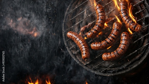 Close-up grill several sausages cooking it is black Grilled juic photo