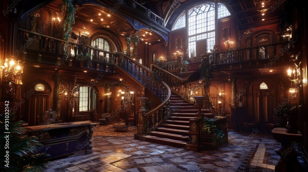 Obraz premium Grand, ornate staircase in a luxurious mansion.