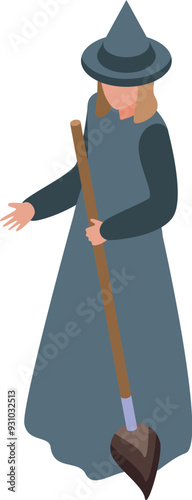 Young witch holding broomstick wearing conical hat isometric illustration