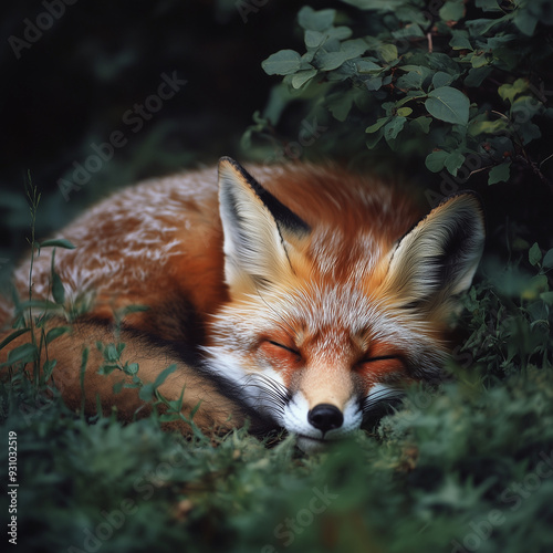 Fox sleeping next to a bush