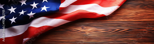 American flag on wooden background, representing patriotism and national pride. Perfect for Independence Day and patriotic themes. photo