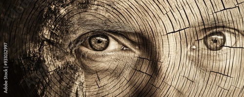 An artistic close-up of human eyes embedded within a textured tree ring, symbolizing nature and human connection.