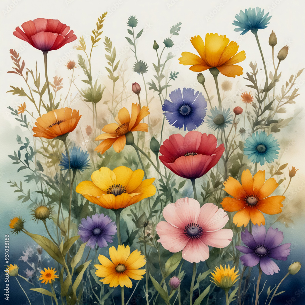 An illustration bursting with the charm of wildflowers. The scene features a vibrant and diverse array of wildflowers in full bloom, set against a soft, natural background. An illustration bursting with the charm of wildflowers. The scene features a vibrant and diverse array of wildflowers in full bloom, set against a soft, natural background.