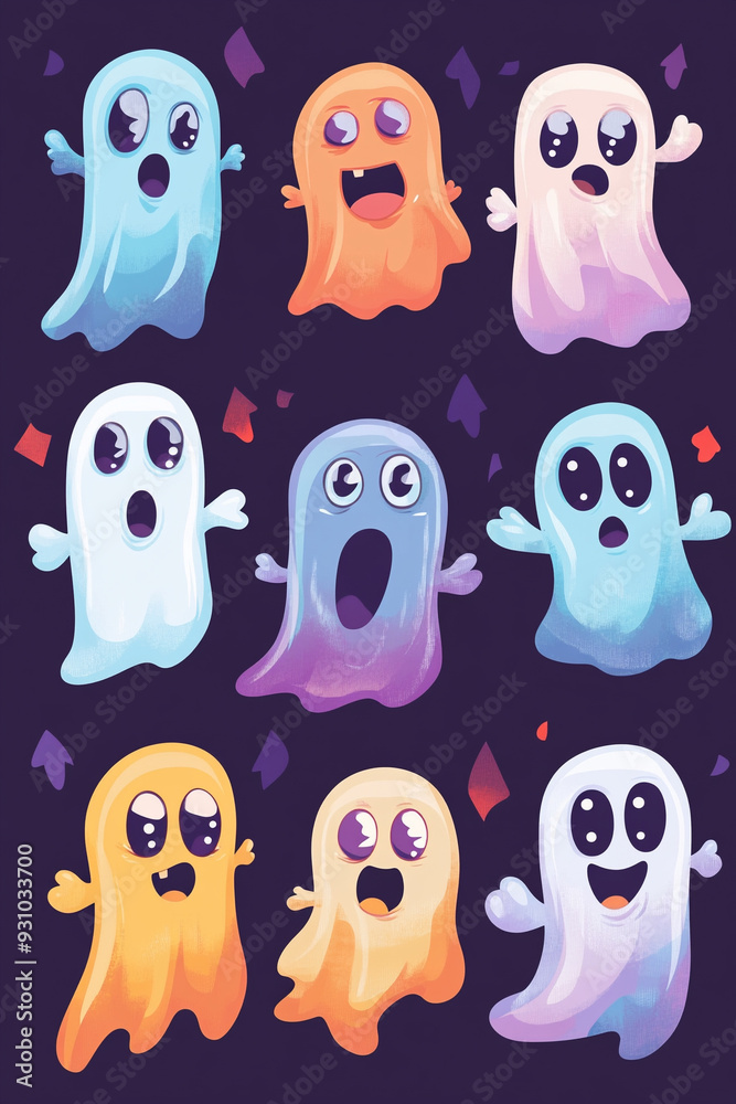 Set of funny cute ghosts Scary magic, Halloween.