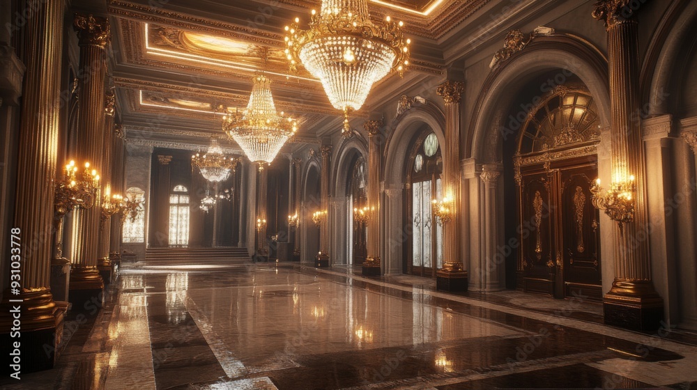 Fototapeta premium A grand, opulent hallway with marble floors, ornate chandeliers, and arched doorways.