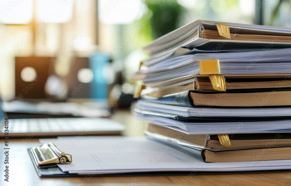 A stack of documents and file folders on the desk.