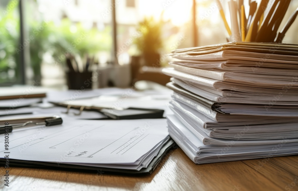 A stack of documents and file folders on the desk. A stack of documents and file folders on the desk.