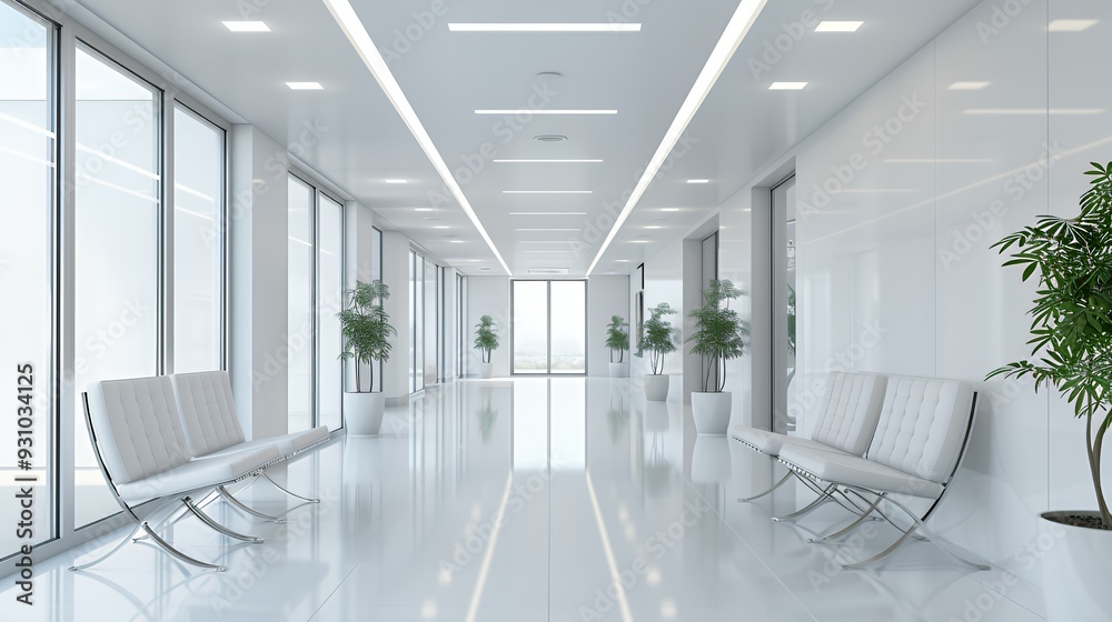 Fototapeta premium Bright modern office hallway featuring white waiting chairs and green potted plants.
