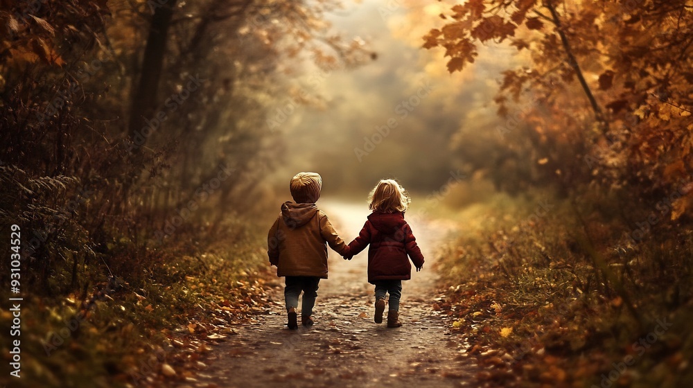 Two Children Walking Hand in Hand on a Path in an Autumn Forest Two Children Walking Hand in Hand on a Path in an Autumn Forest