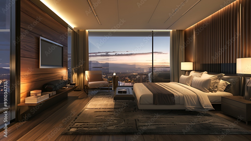 Luxurious modern bedroom with a large window offering a stunning city skyline view at sunset. The bedroom features a king-size bed, a plush armchair, a modern fireplace, and wood paneling. Luxurious modern bedroom with a large window offering a stunning city skyline view at sunset. The bedroom features a king-size bed, a plush armchair, a modern fireplace, and wood paneling.