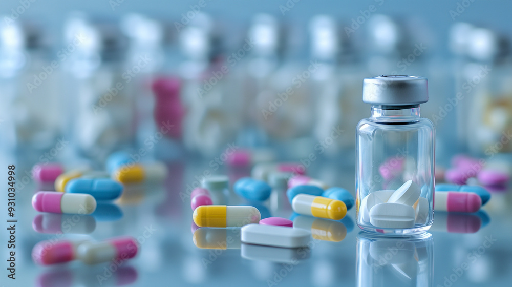 Medicine bottle with various colored pills on reflective surface in laboratory setting Medicine bottle with various colored pills on reflective surface in laboratory setting