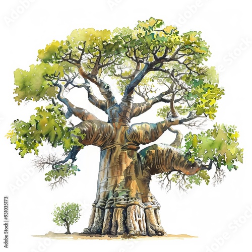 Watercolor painting of a majestic baobab tree, with its massive, bulbous trunk and sparse, but lush foliage, on isolated white background