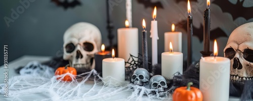 Birthday table set with Halloween candles, cobwebs, and skulls, Halloween Birthday, spooky decor photo