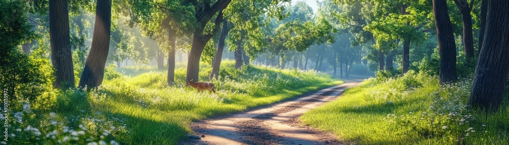 Fototapeta premium A serene forest path surrounded by lush greenery, illuminated by soft sunlight, inviting a peaceful nature experience.