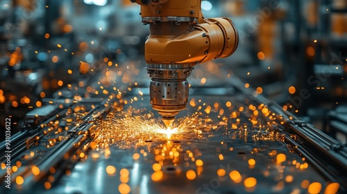 Industrial Robot Cutting Metal With Sparks