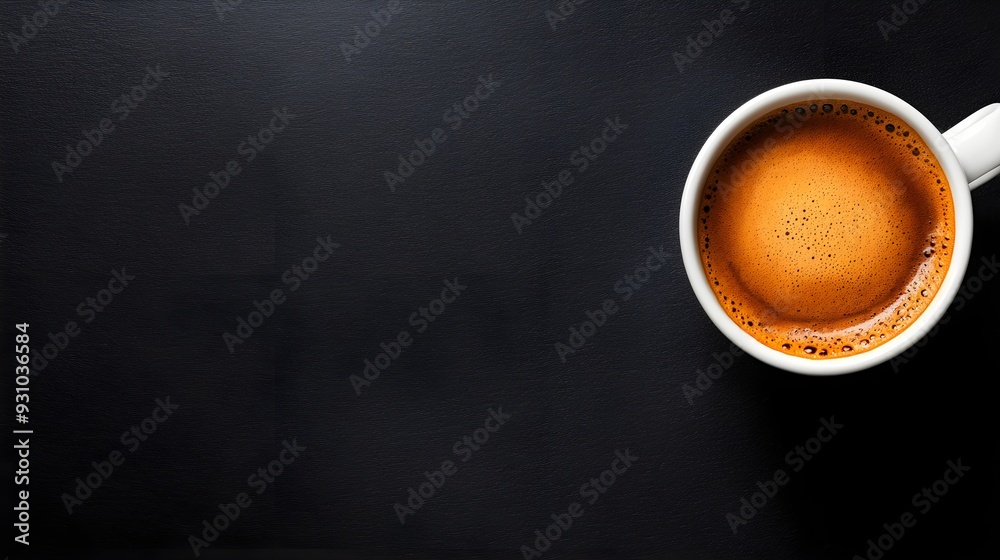 Coffee cup with a rich espresso shot, positioned on a black surface, wide copy space, sharp contrast lighting, minimalistic design. Coffee cup with a rich espresso shot, positioned on a black surface, wide copy space, sharp contrast lighting, minimalistic design.