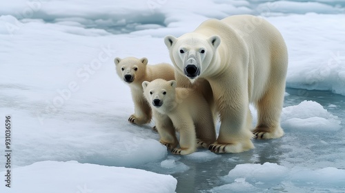 A captivating scene of a polar bear and its two cubs on icy terrain, showcasing the beauty of wildlife in a frozen landscape.