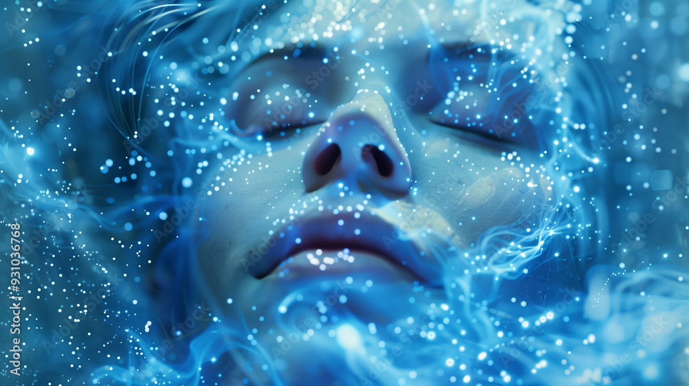 Dreamlike portrait of person surrounded by ethereal digital particles and light effects Dreamlike portrait of person surrounded by ethereal digital particles and light effects