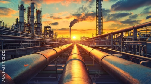 Industrial Sunset: Pipelines and Towers at Dusk