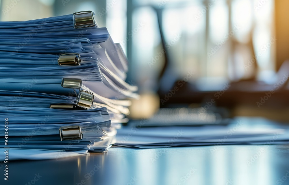 Pile of paper documents and aluminum file clip on a desk, a business concept for document presentation or a background Pile of paper documents and aluminum file clip on a desk, a business concept for document presentation or a background