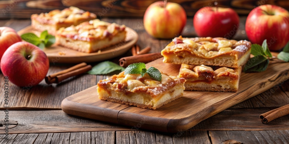 Delicious apple pie bars on a wooden table , dessert, apple, pie, bars, shortbread, crust, spiced, filling, rustic Delicious apple pie bars on a wooden table , dessert, apple, pie, bars, shortbread, crust, spiced, filling, rustic