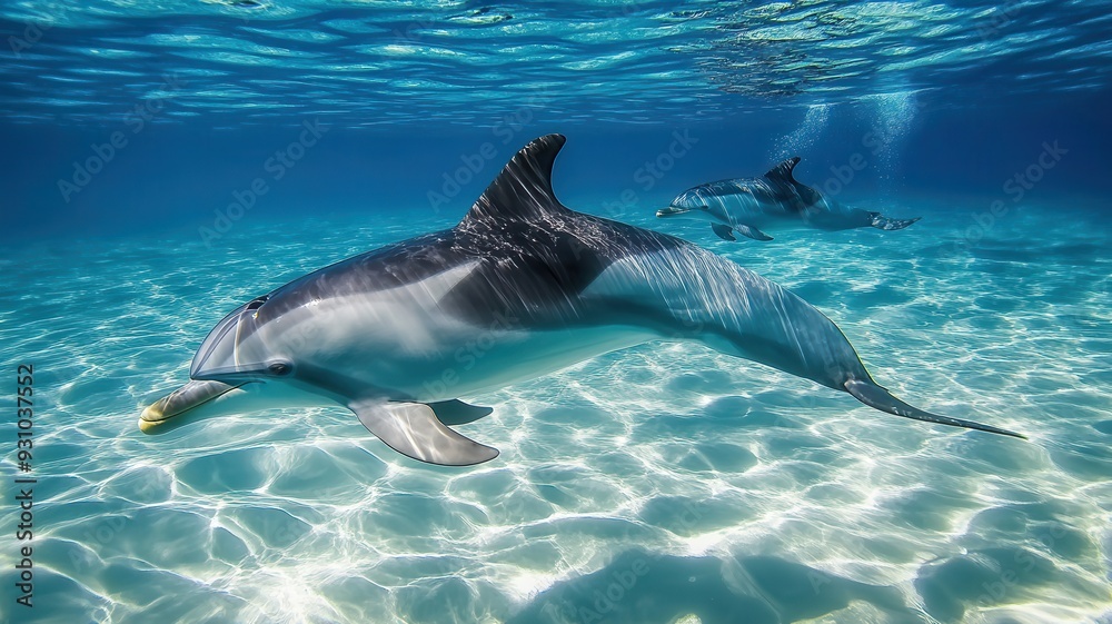 Obraz premium A graceful dolphin swimming underwater showcasing the beauty of marine life in crystal-clear water.
