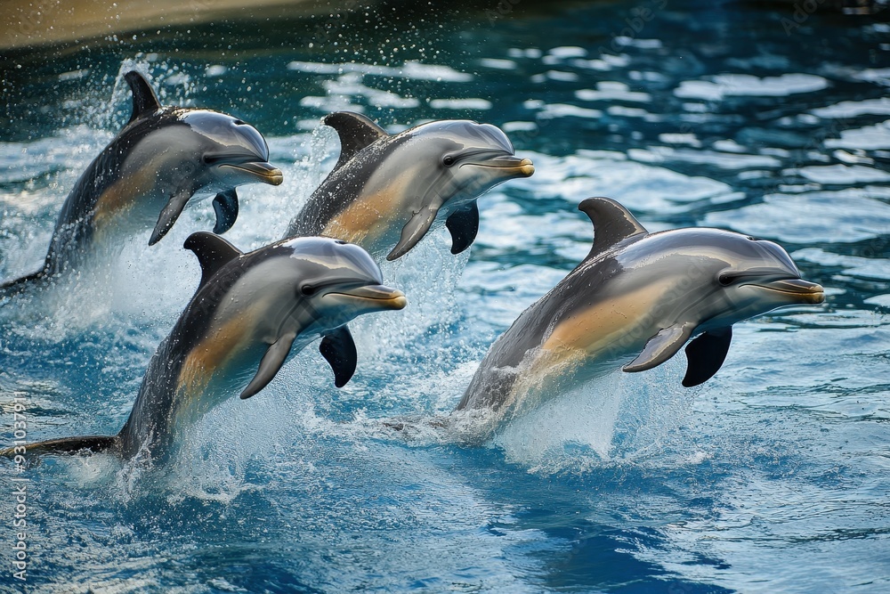 Obraz premium A group of dolphins gracefully jumping out of the water, showcasing their playful nature and agility in a vivid aquatic environment.