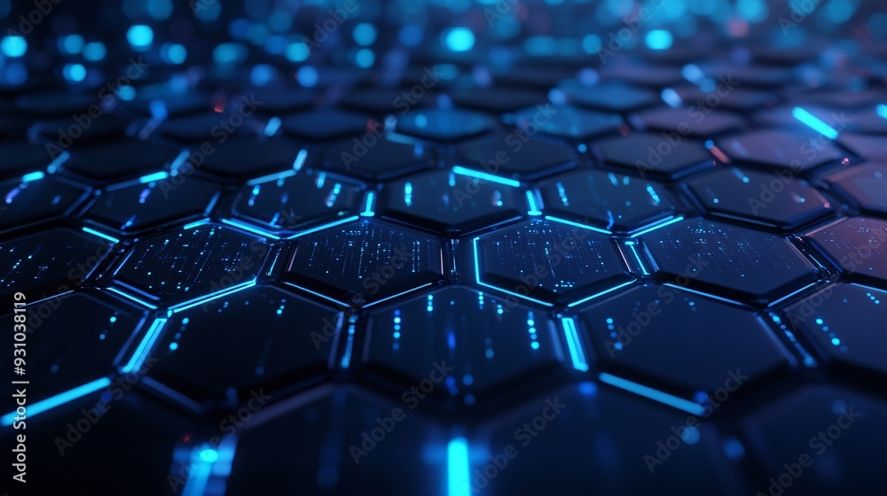 A futuristic interface displaying data flow with a grid of hexagonal shapes and glowing blue lines A futuristic interface displaying data flow with a grid of hexagonal shapes and glowing blue lines