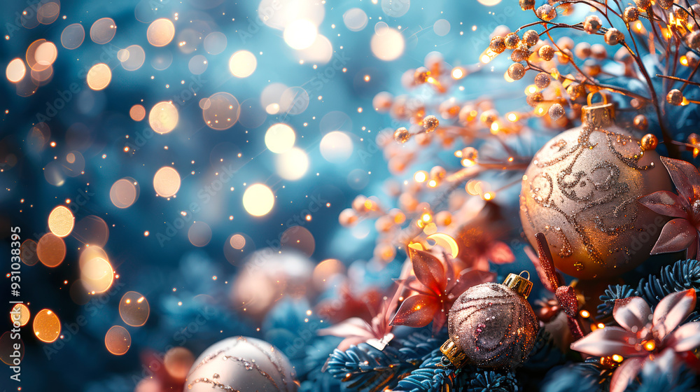 Obraz premium Close-up of Christmas decorations. A large golden ball, fir branches, golden berry branches and flowers. The Christmas tree is surrounded by a blue background with a golden side