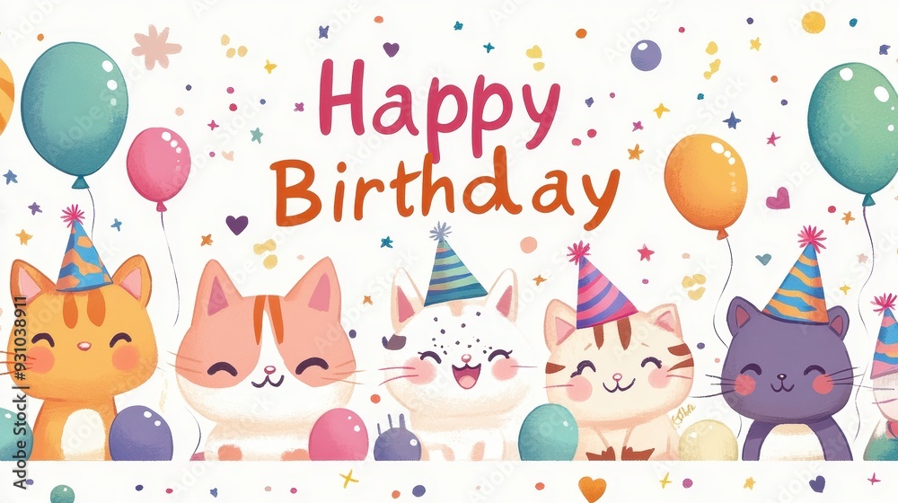 Happy Birthday Greeting Card with Cute Cats and Balloons Happy Birthday Greeting Card with Cute Cats and Balloons