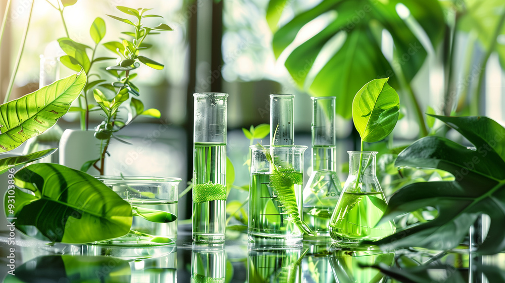 Green plants in glass beakers and test tubes in a natural laboratory setting Green plants in glass beakers and test tubes in a natural laboratory setting