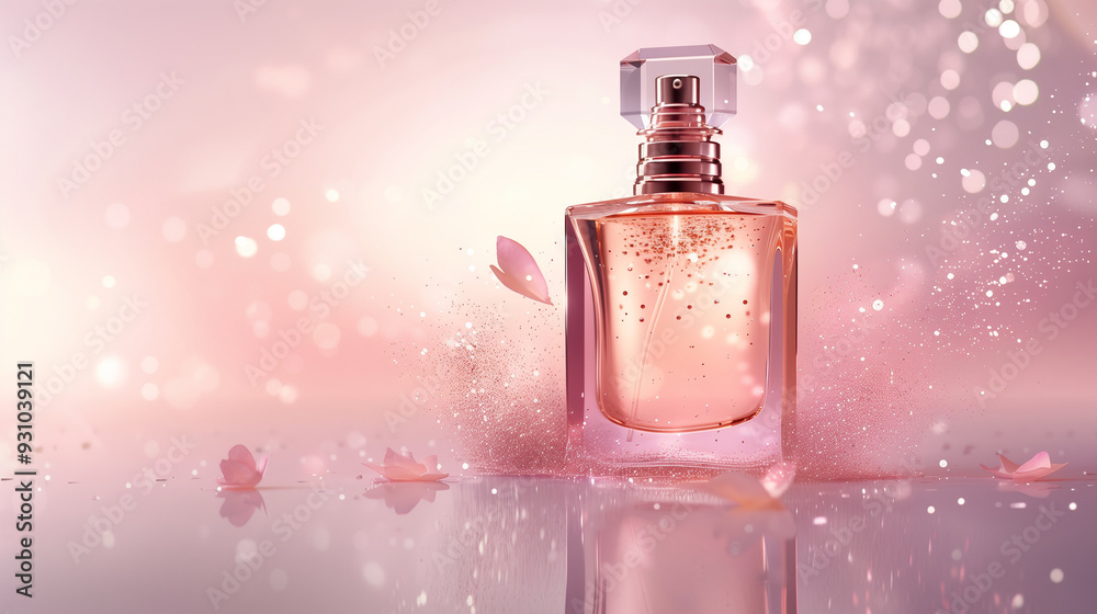 Elegant perfume bottle surrounded by glittering light and soft petals on reflective surface Elegant perfume bottle surrounded by glittering light and soft petals on reflective surface