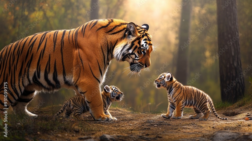 Obraz premium A Bengal tiger playfully interacting with its cubs in a forest clearing. Copy space available