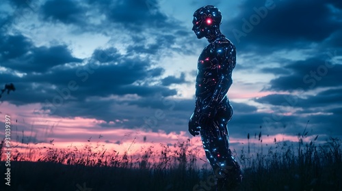 A human silhouette cloaked in a glowing AI powered exoskeleton symbolizing the enhanced capabilities and potential of humanity through technological innovation and progress photo