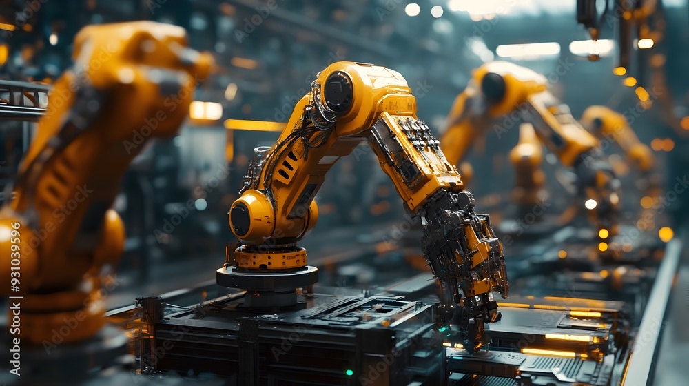 Futuristic AI powered factory scene with robotic arms assembling and ...