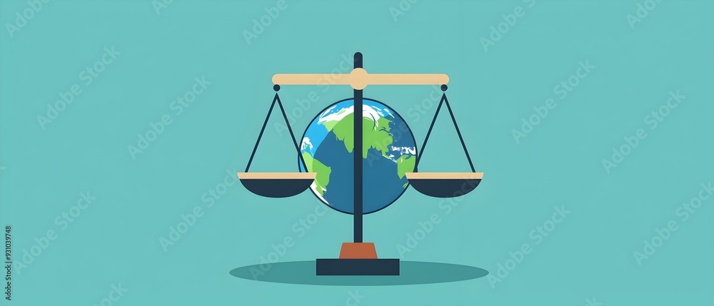 of balanced scales with a globe representing the concept of global justice fairness and Flat design style suitable for legal political or corporate visualizations